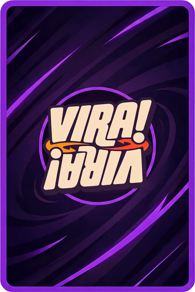 Verso de uma carta do VIRA!, roxa, com o logo espelhado